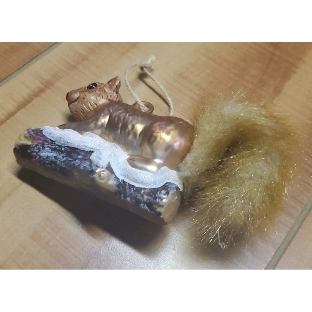 Squirrel Christmas Ornament Hand Blown‎ Glass Animal Plush Fur Tail 5